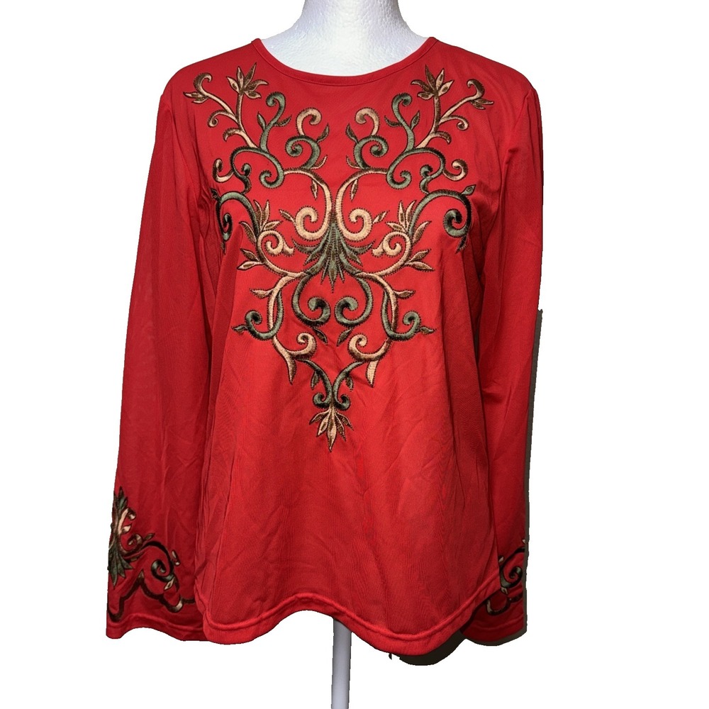 Victor Costa Red Shirt Small Embroidery Holiday Whimsigoth Boho Festival Blouse